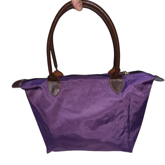 purple nylon leather handles pliage style zip small tote bag 13x8 - Picture 5 of 5